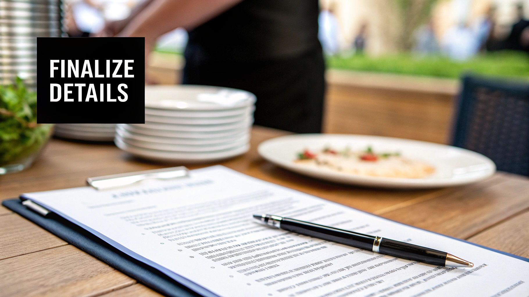 A person reviewing a catering contract document with a pen, with a blurred background of a party setup.