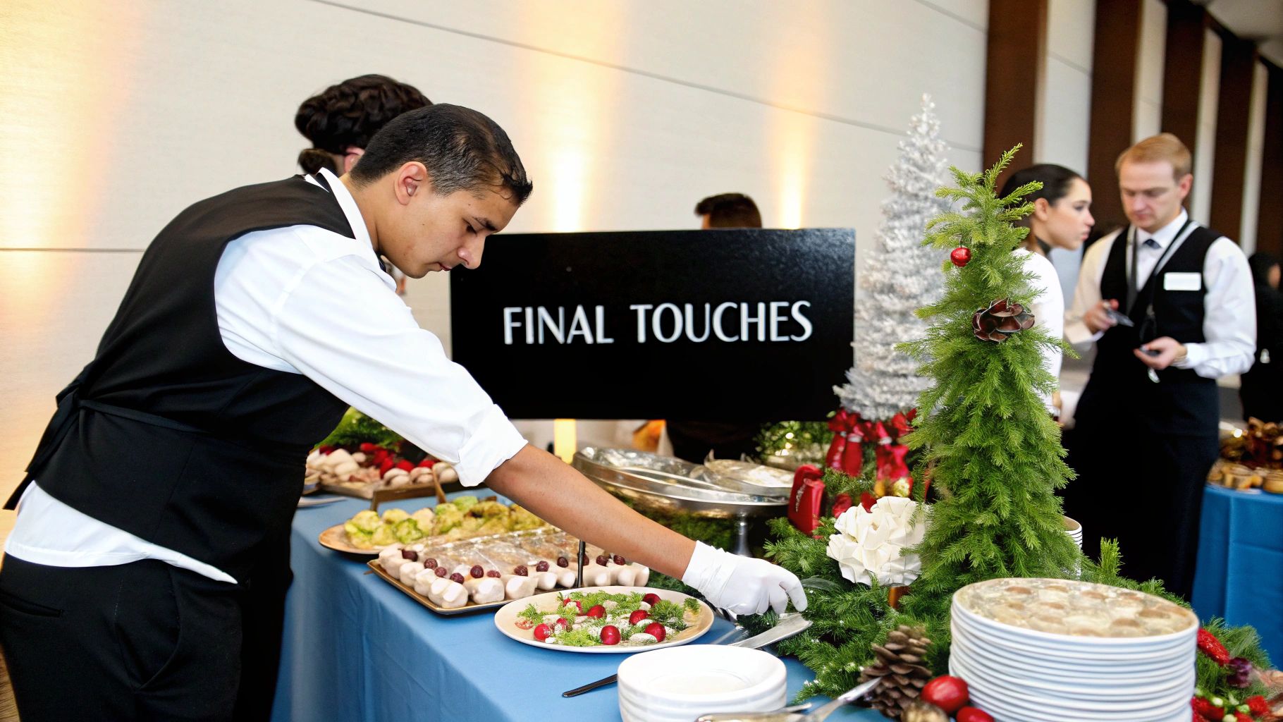 A beautifully presented Christmas catering buffet with festive decorations and a variety of dishes.