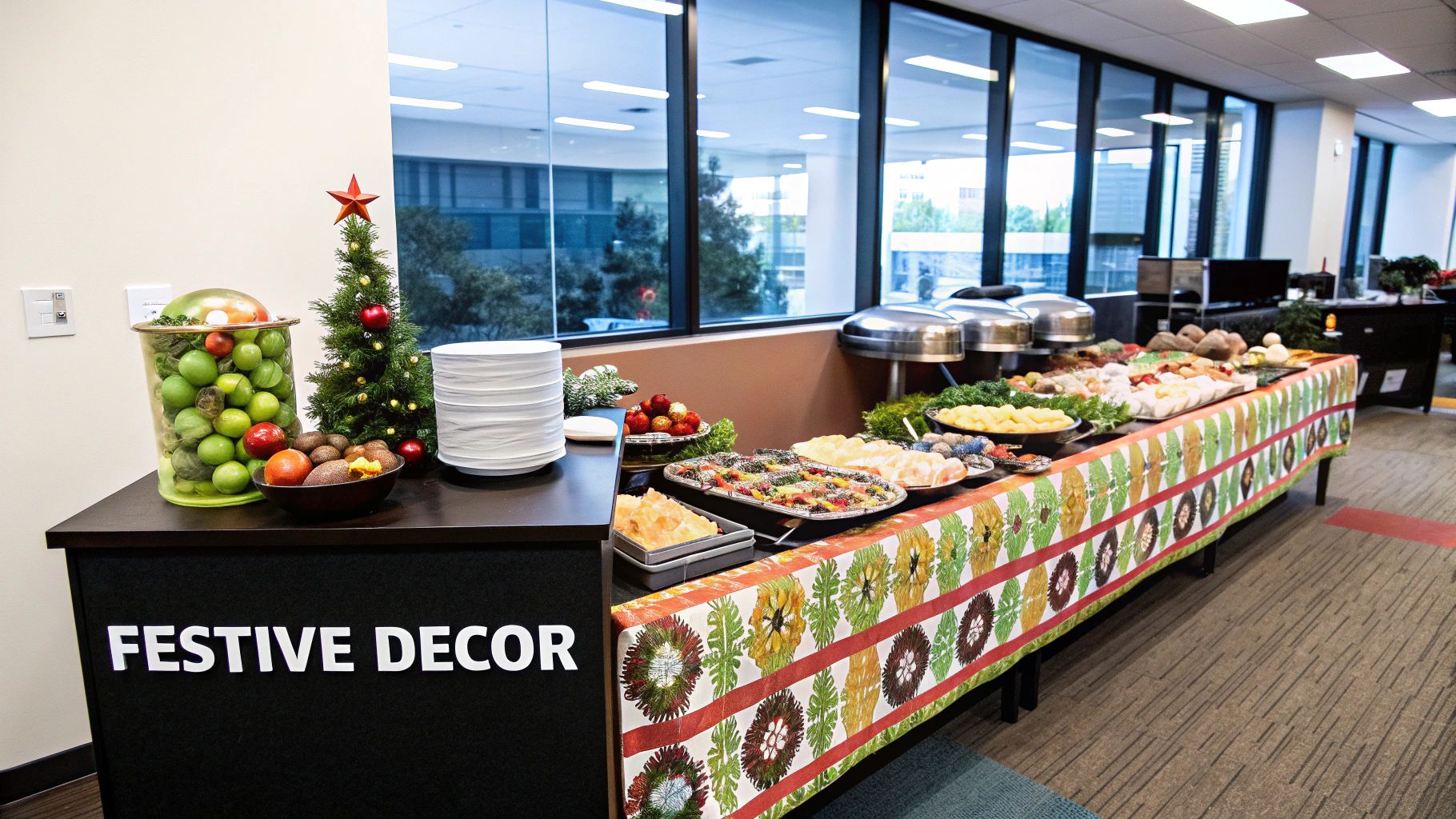 A colourful and beautifully arranged catering spread with various dishes.
