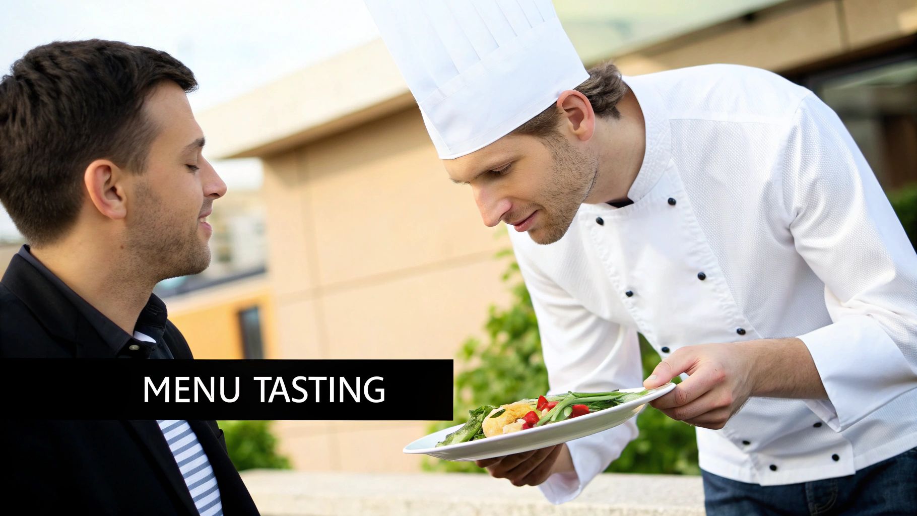A close-up shot of a chef artfully plating a gourmet vegetarian dish for a tasting.
