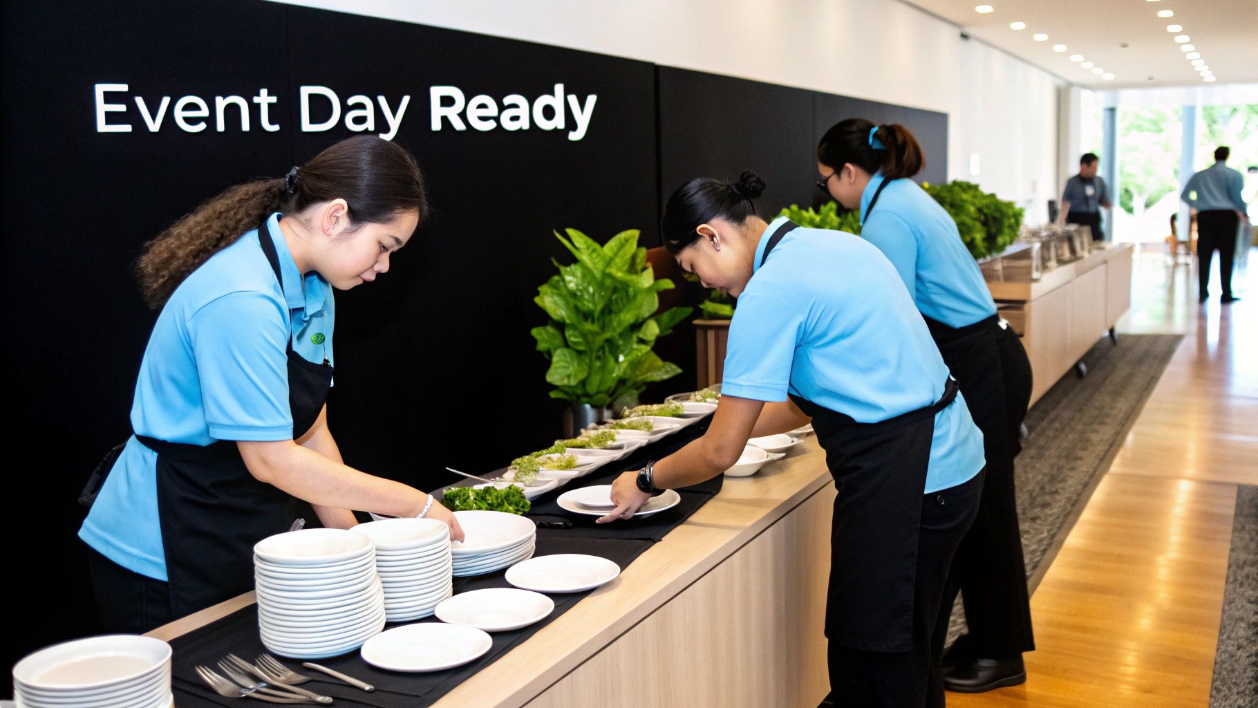 A catering team sets up a buffet table with professional precision for a corporate event in Toronto.