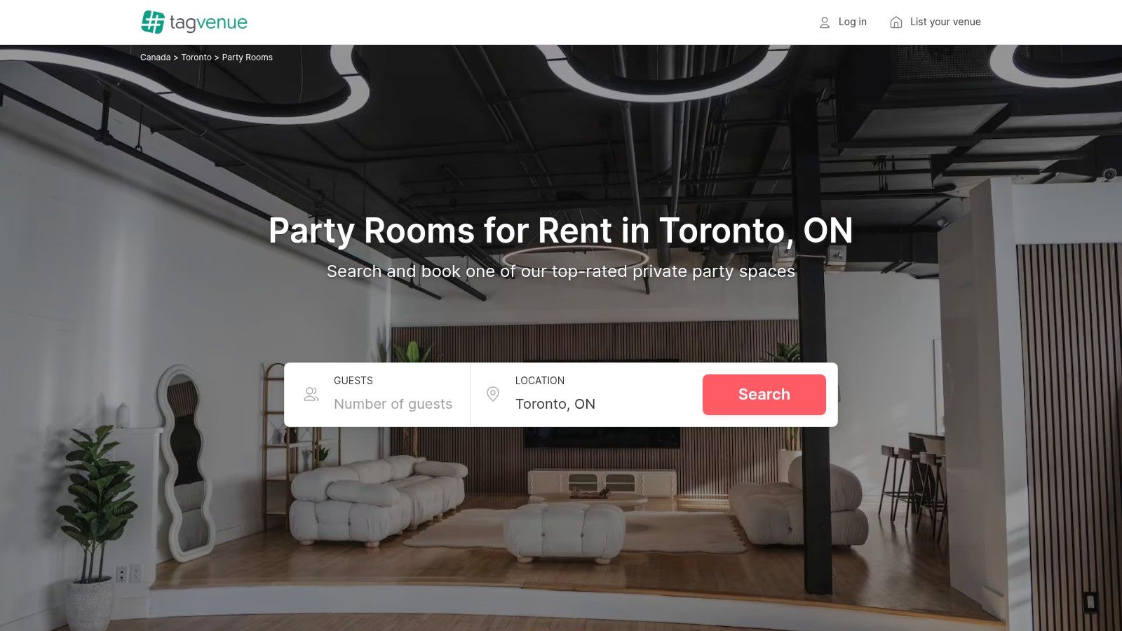 A screenshot of the Tagvenue website displaying a variety of party venues in Toronto, with filters for location and event type.