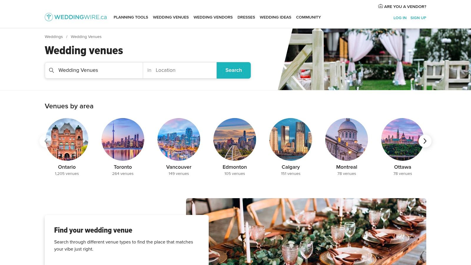 A screenshot of the WeddingWire.ca website, showing a search result page with various wedding venues in Toronto, including photos and key details.