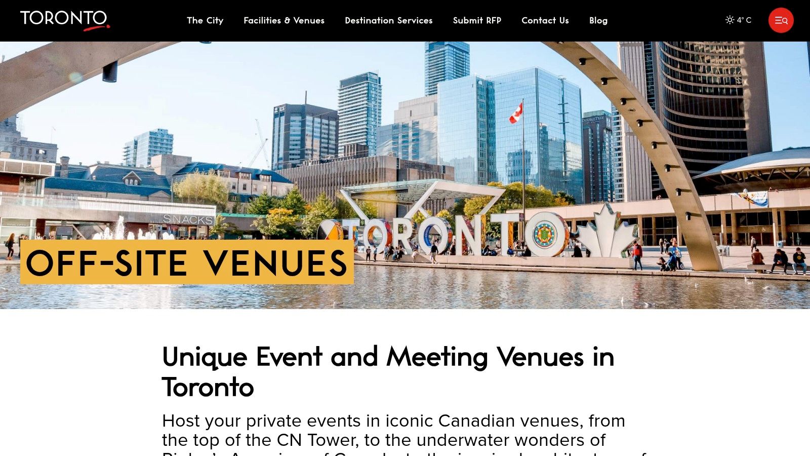 Destination Toronto – Meetings & Venues Directory screenshot showing a list of venues with photos and descriptions.