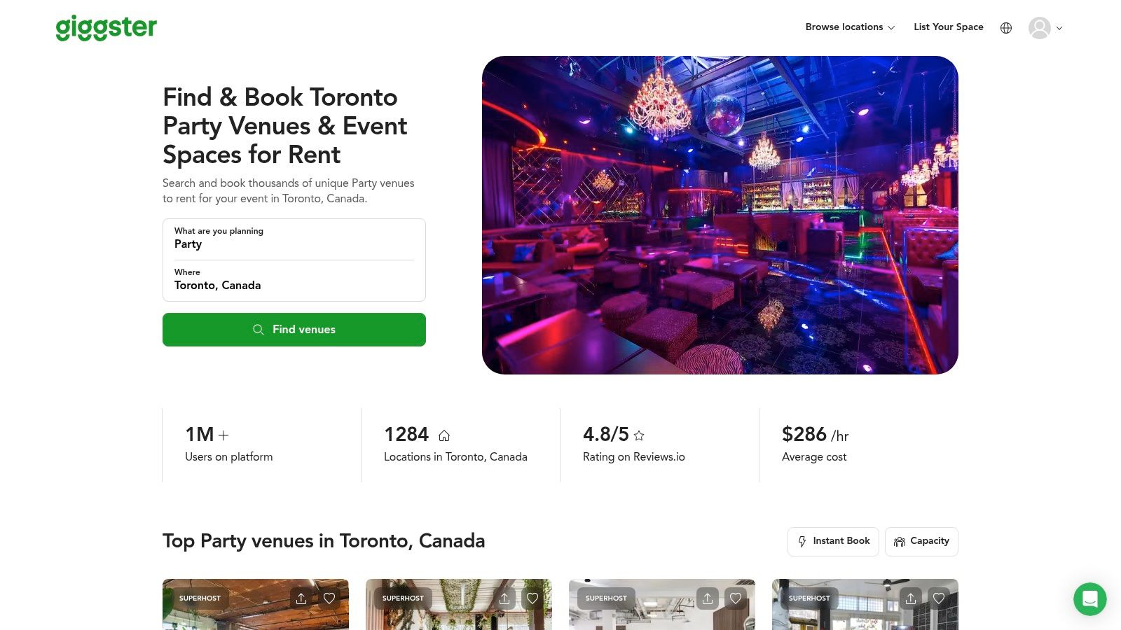 A screenshot of the Giggster website interface, showing a list of party venues available for rent in Toronto.