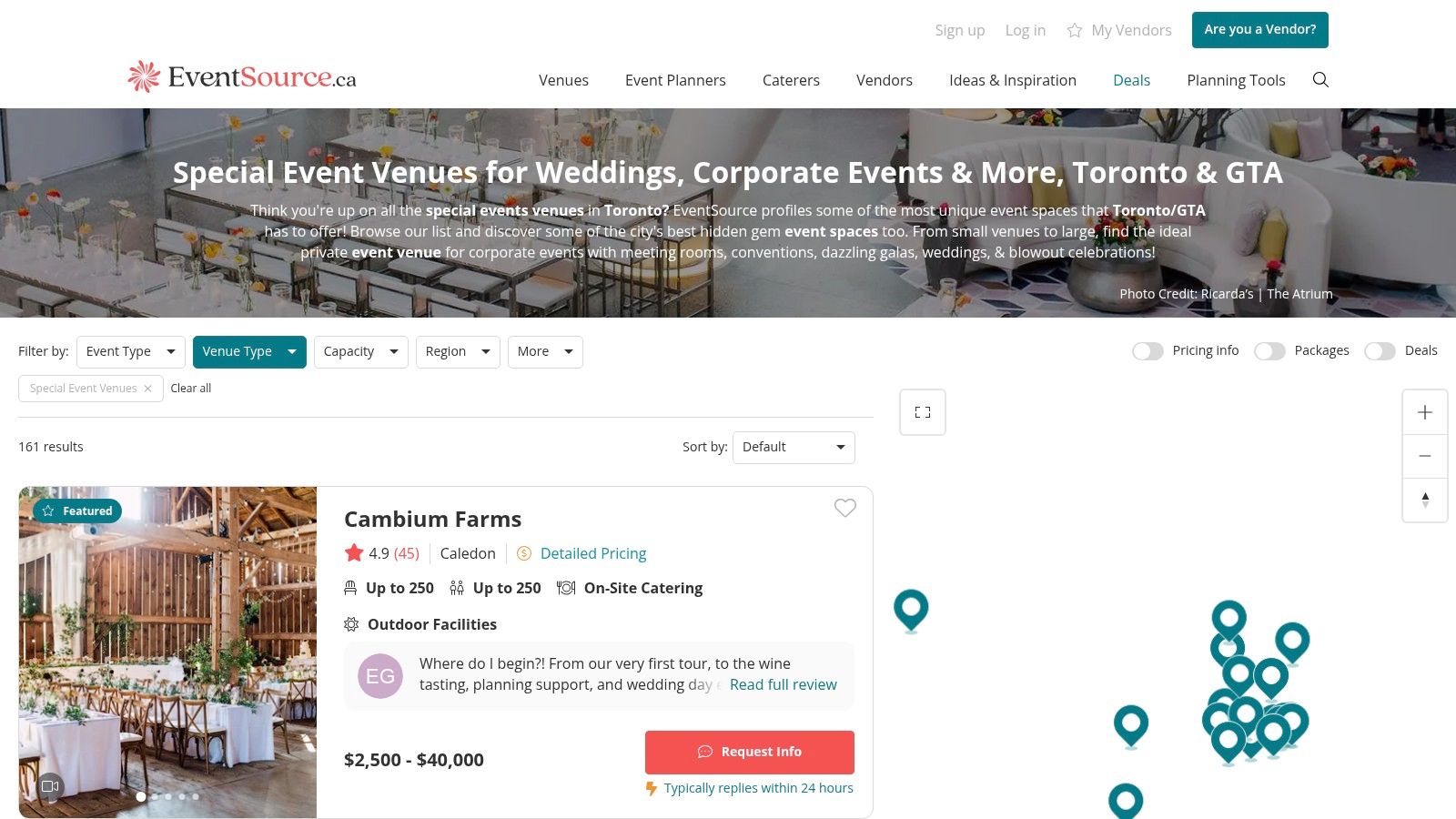 A screenshot of the EventSource.ca website, displaying a curated list of special event venues in the Toronto area with photos and key details.