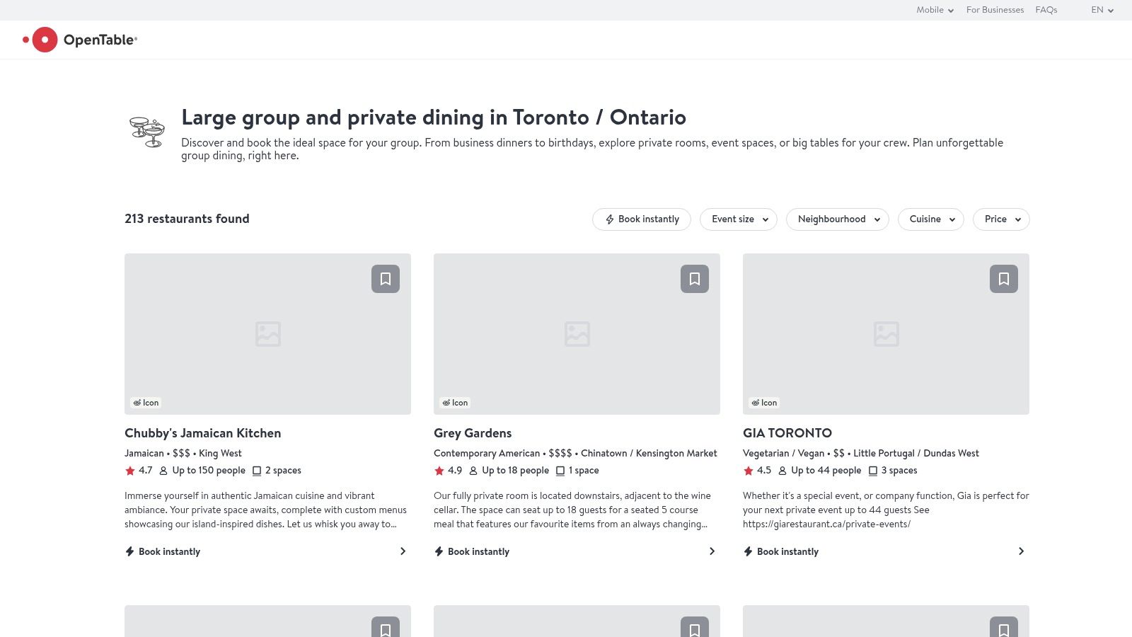 A screenshot of the OpenTable Private Dining search results for Toronto, showing various restaurants with private room options.