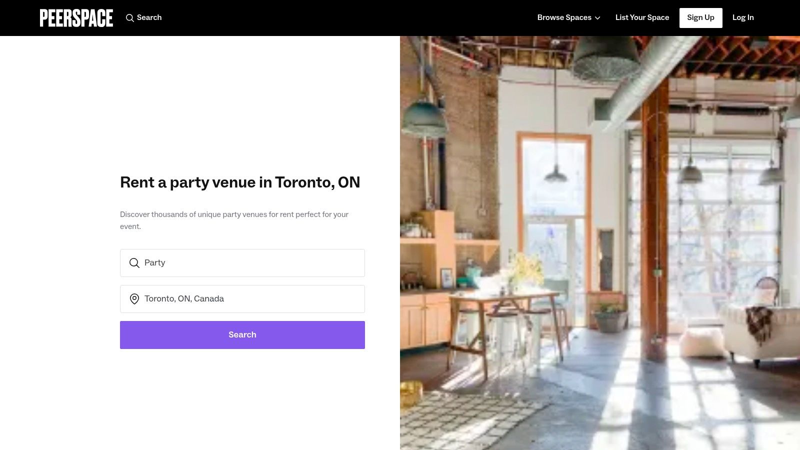A screenshot of the Peerspace website showcasing various event venues available for rent in Toronto.
