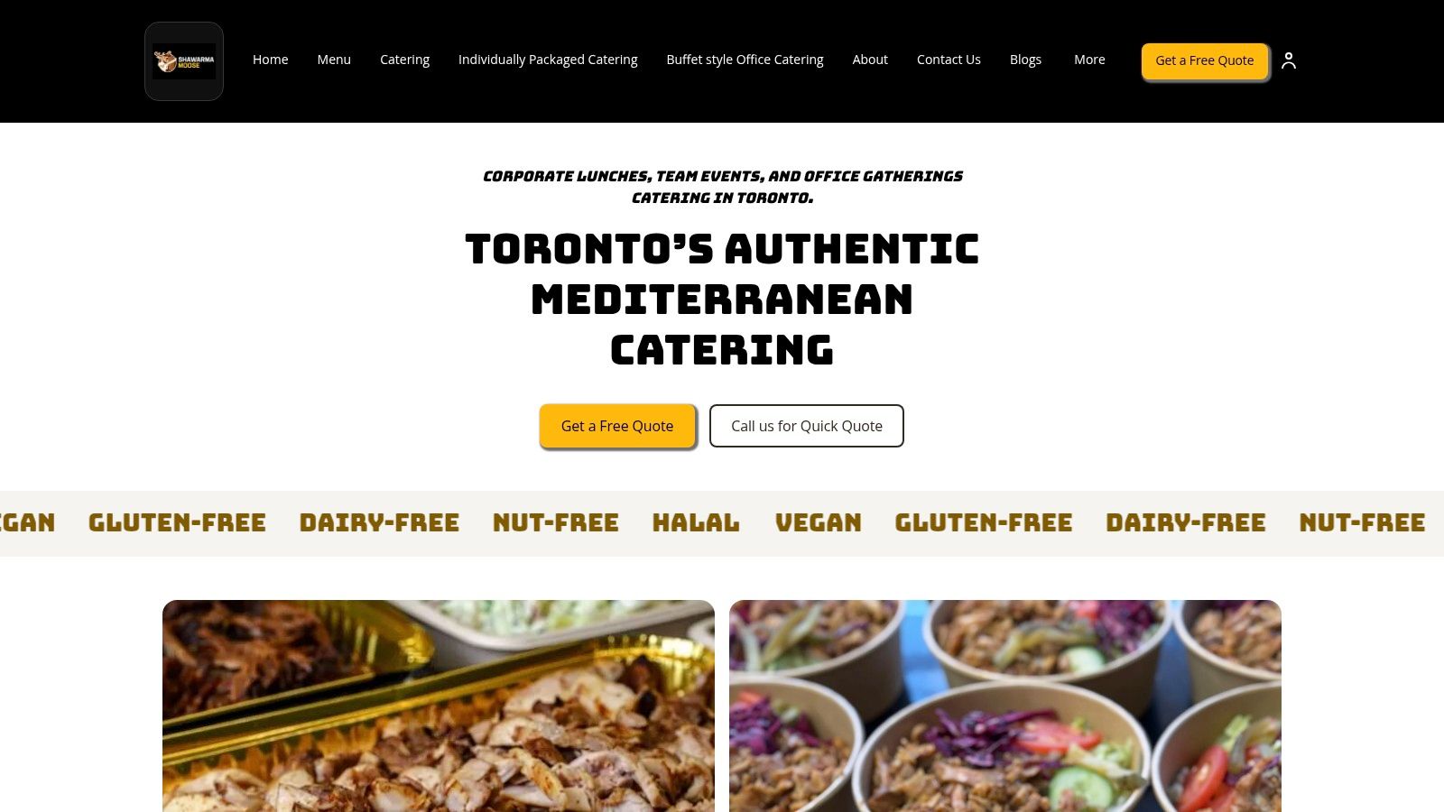 A buffet-style catering setup featuring shawarma, rice, and salads.