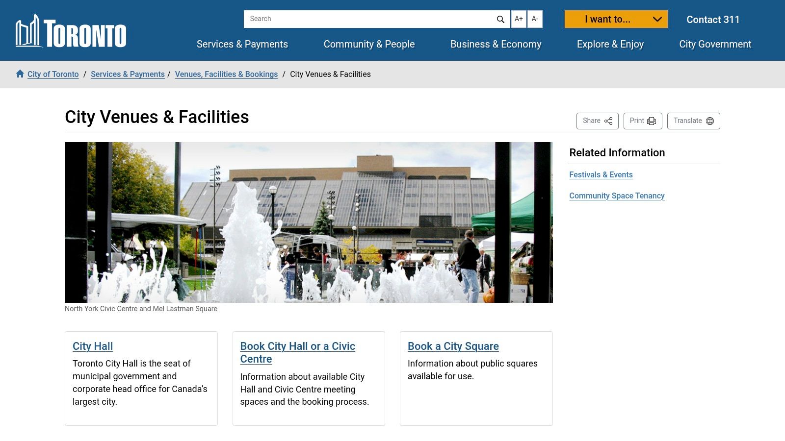 City of Toronto – Official Venues, Parks, Squares and Recreation Facility Bookings