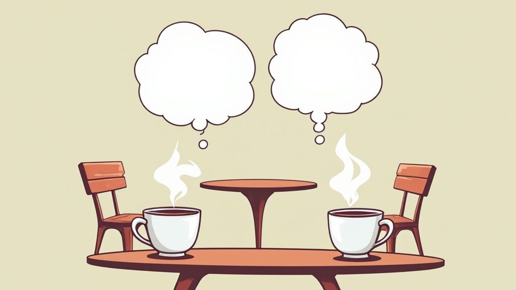 Two professionals having an informal coffee chat meeting in a cafe.