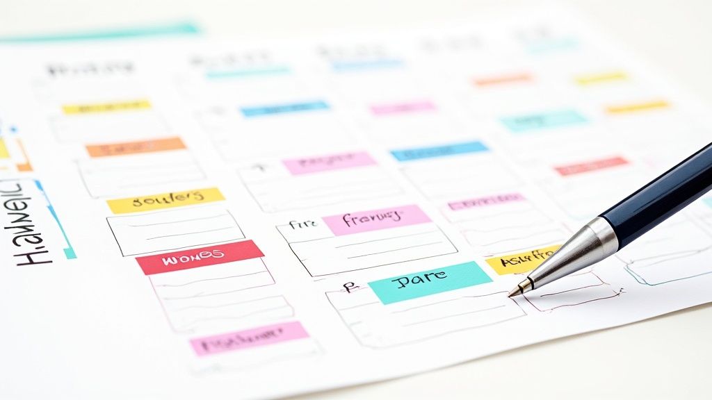 A person is sitting at a desk with a flexible schedule on a calendar, balancing work and life.