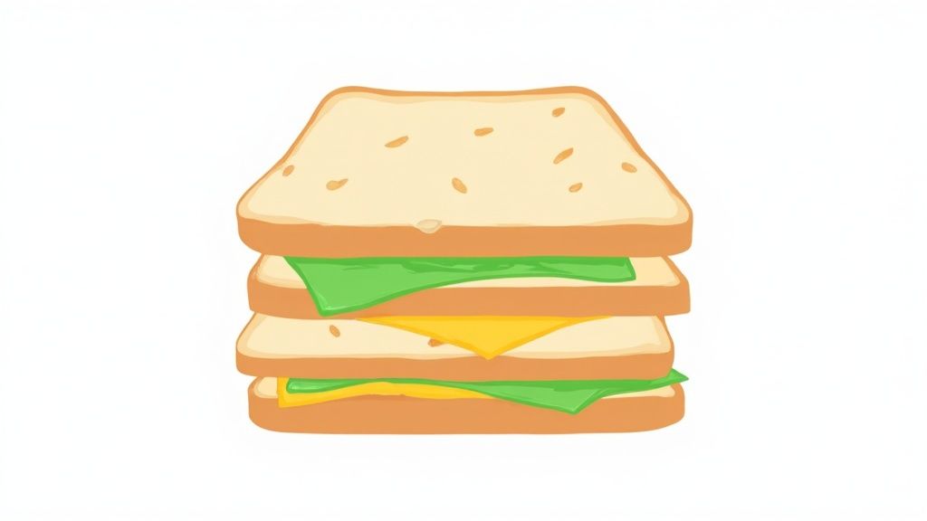 A visual representation of the Sandwich Method, with a positive statement as the top slice of bread, the constructive criticism or weakness as the filling, and a concluding positive statement as the bottom slice.