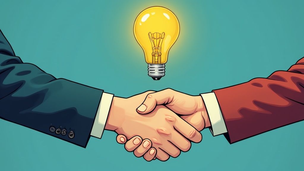 Illustration showing a person offering a gift-wrapped box to another, symbolizing giving value first in networking.