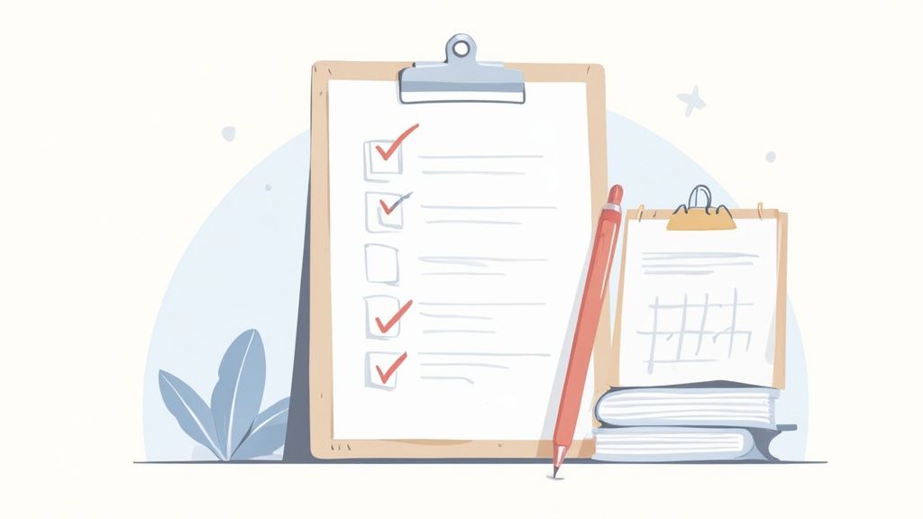 Checklist on clipboard with checked boxes, red pen, calendar, and stacked books, symbolizing organization and preparation for pretrial diversion applications in Texas.
