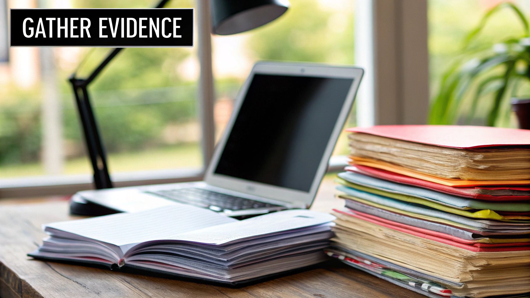 Laptop and open notebook on desk with stacked folders, captioned "Gather Evidence," illustrating the evidence gathering phase in criminal defense preparation.