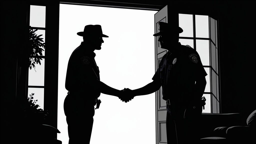 Can Police Search My Home Without a Warrant in Texas? 16 Silhouettes of two police officers shaking hands in a doorway, symbolizing collaboration in law enforcement and the complexities of search and seizure laws.