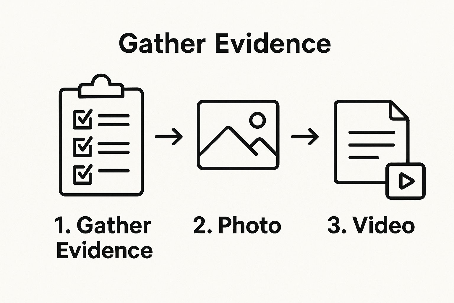 Gather evidence checklist with steps for collecting photo and video documentation for legal cases.