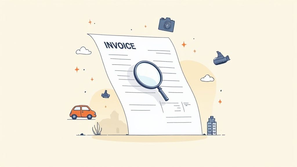 A magnifying glass hovering over the fine print of a document, symbolizing hidden fees