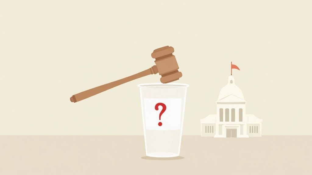 Gavel resting on a cup with a question mark, symbolizing court-ordered drug tests and legal uncertainties in a courtroom setting.