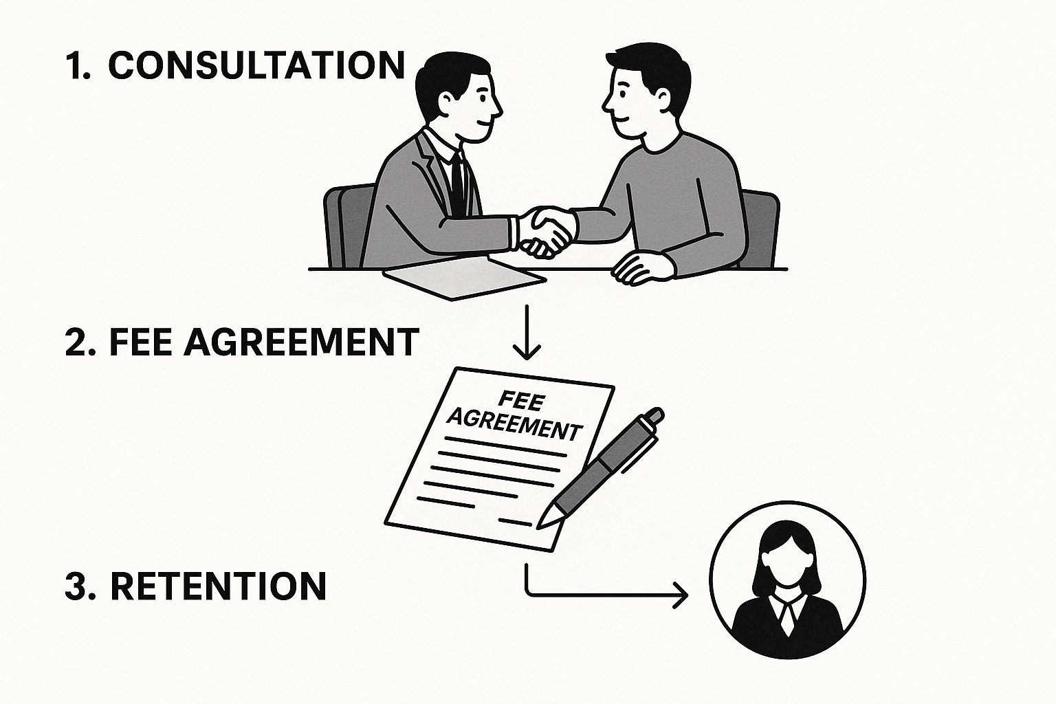 Handshake between a lawyer and client, consultation process, fee agreement document, retention of legal services, representing attorney-client relationship in criminal defense.
