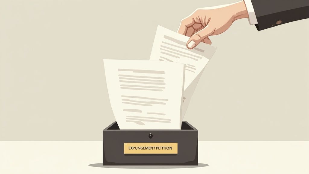 Hand placing expungement petition documents into a box labeled "EXPUNGEMENT PETITION," symbolizing the process of seeking family violence record expungement in Texas.