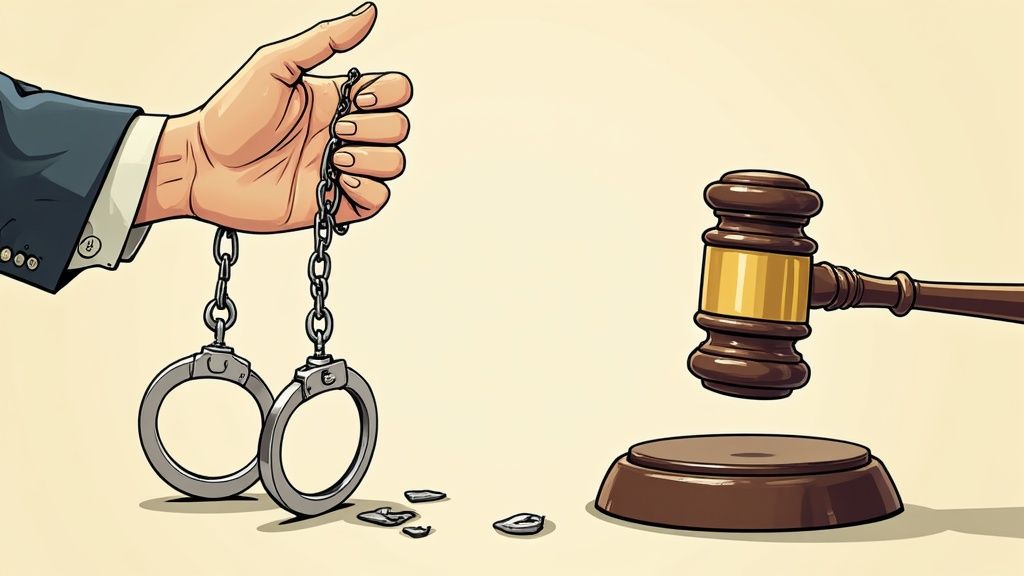 Hand holding broken handcuffs, symbolizing legal defense and criminal justice, alongside a gavel representing court proceedings, reflecting the seriousness of felony DWI charges in Texas.