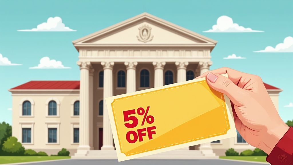 Hand holding a yellow coupon with "5% OFF" in front of a courthouse, symbolizing legal services and cost savings in criminal defense.