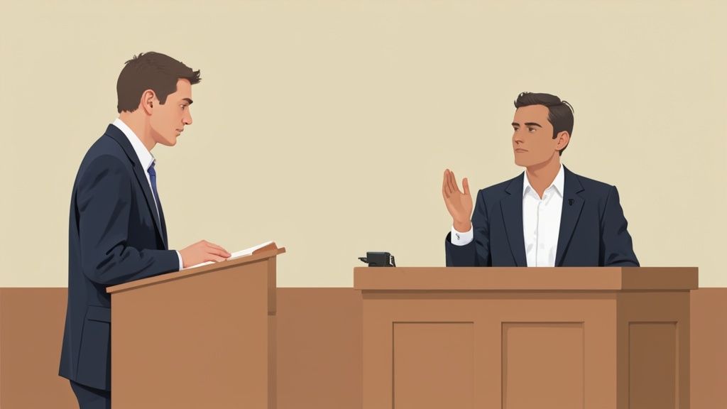A judge's gavel and sound block on a wooden desk