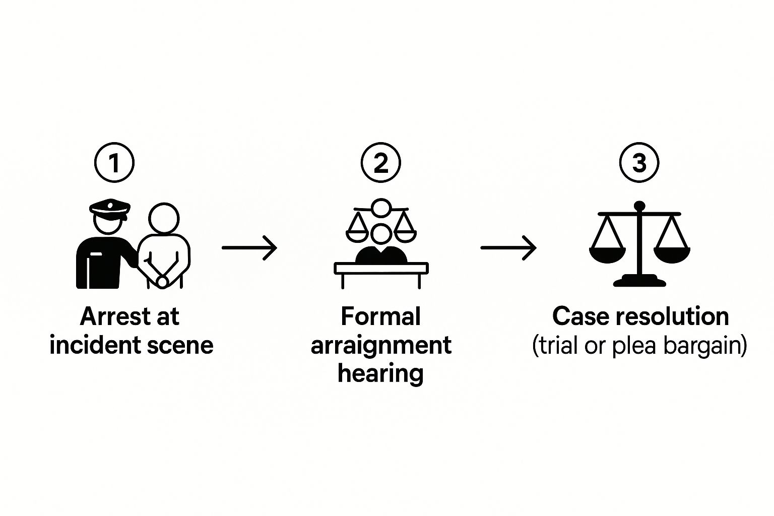 Infographic illustrating the stages of the legal process: arrest at incident scene, formal arraignment hearing, and case resolution (trial or plea bargain), relevant to criminal defense for assault charges in Texas.