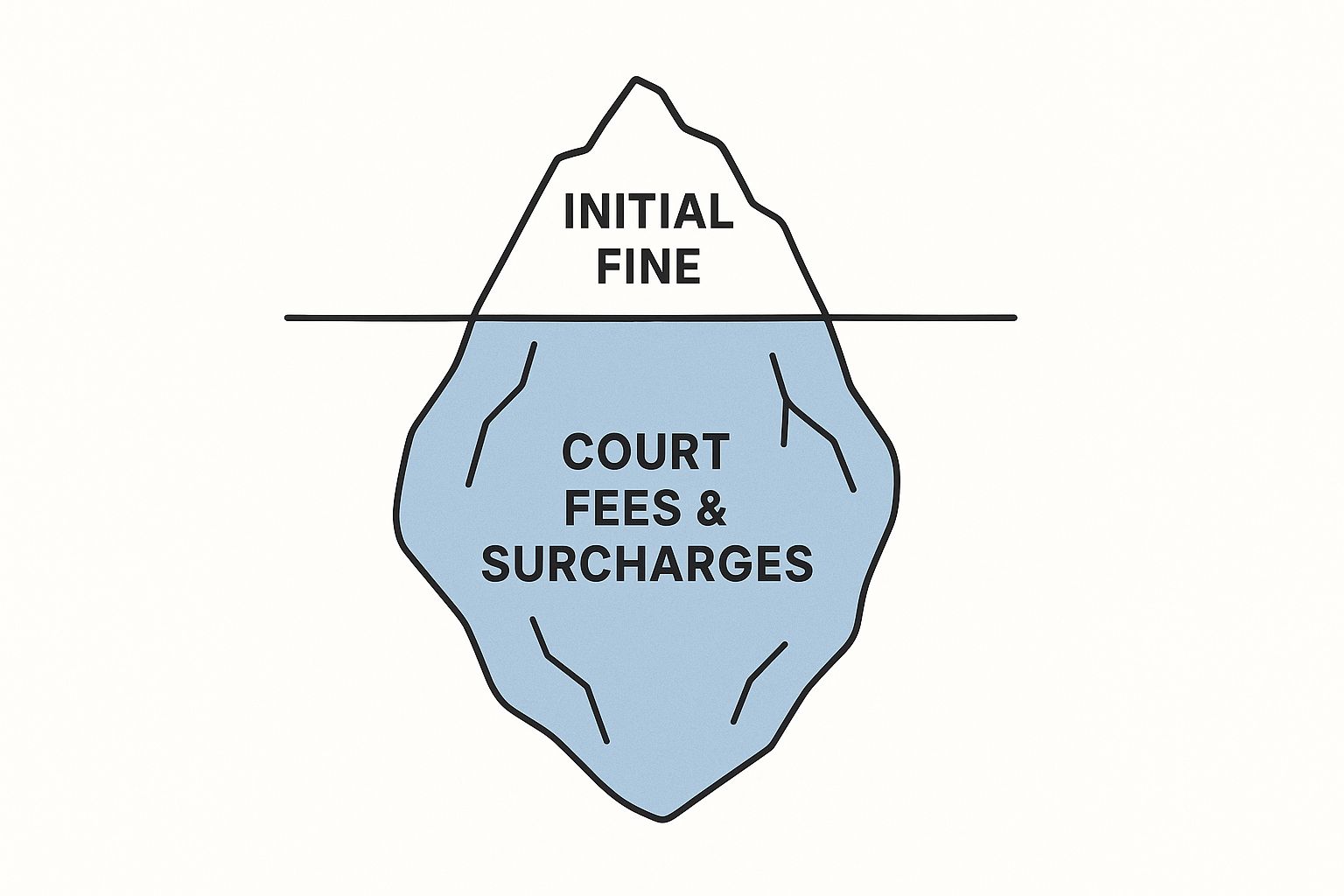 Iceberg illustration showing "Initial Fine" above water and "Court Fees & Surcharges" below, symbolizing hidden financial burdens of DWI convictions in Texas.