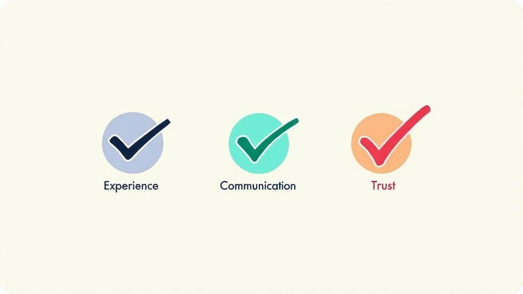 Experience, Communication, and Trust checkmarks representing essential qualities in hiring a criminal defense attorney.