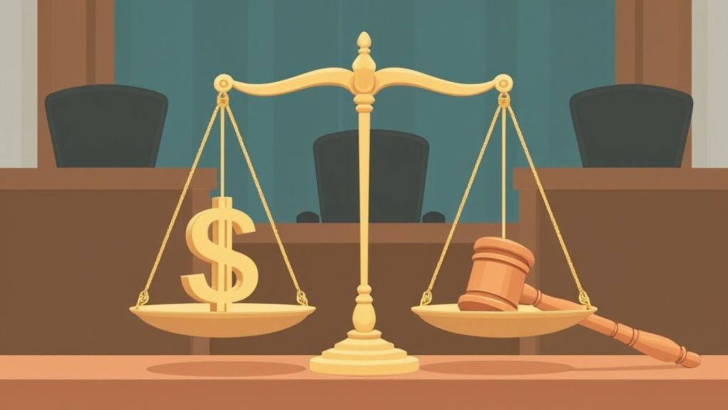 Scales of justice balancing a dollar sign and a gavel, symbolizing legal fees and the cost of hiring a criminal defense lawyer in Houston.