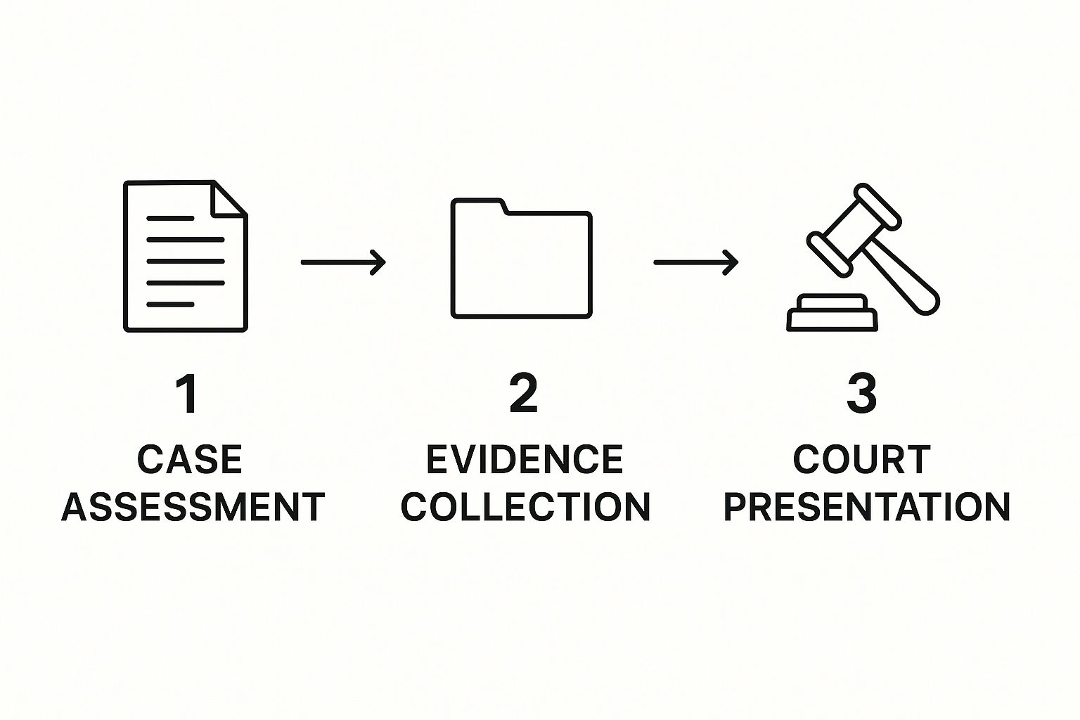 Infographic illustrating the three stages of building a criminal defense: case assessment, evidence collection, and court presentation, relevant to trial preparation strategies.