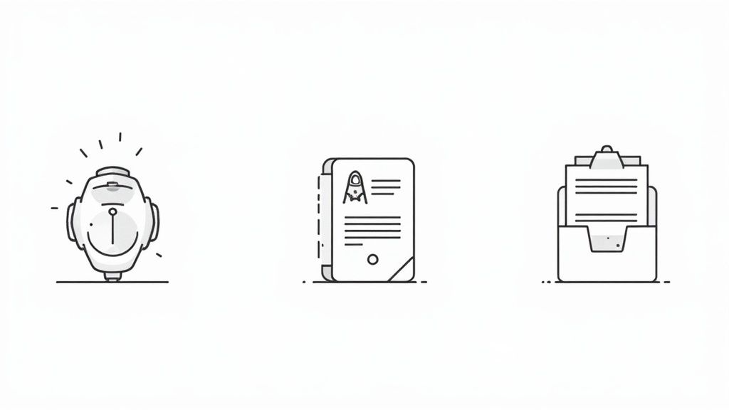 Illustration of a stopwatch, a document with a rocket icon, and a clipboard with papers, symbolizing time management, legal documentation, and financial planning related to DWI convictions.