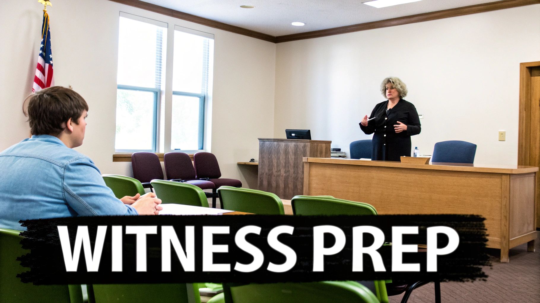Witness preparation session in a courtroom setting, featuring a woman presenting to an attentive audience, emphasizing legal strategies for trial readiness.