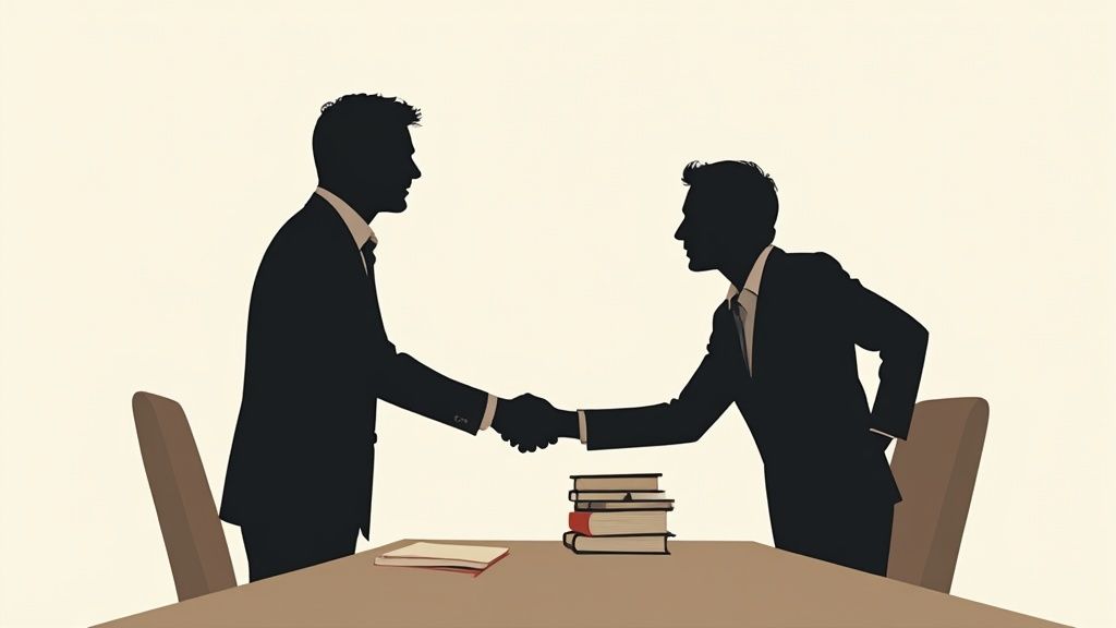 Silhouettes of two men shaking hands over a table with legal books, symbolizing the importance of hiring a criminal defense attorney in Houston.