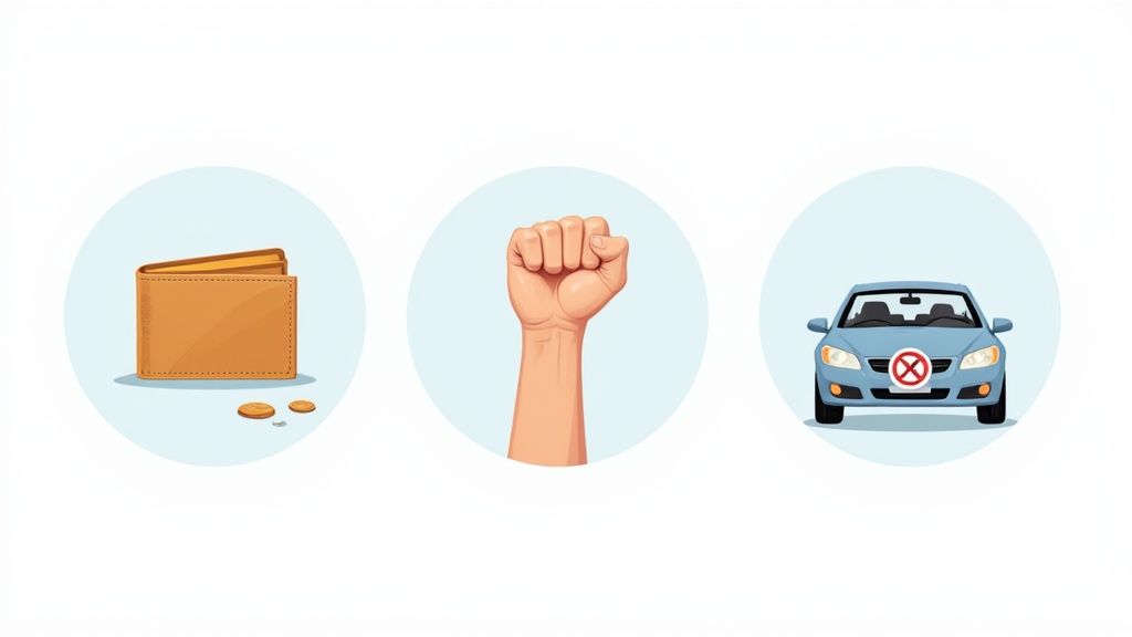 Wallet representing financial impact, raised fist symbolizing resistance, and car with no parking sign indicating restrictions related to Class A misdemeanor consequences.