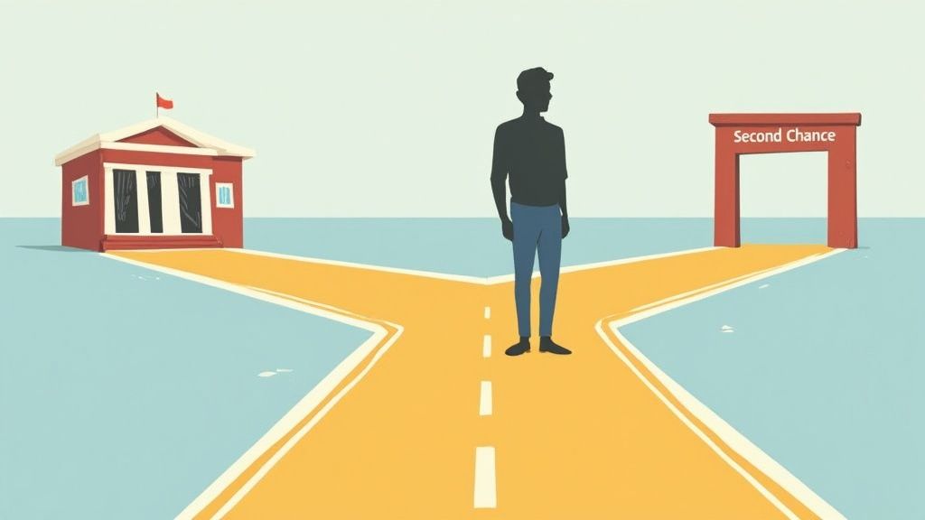 Man standing at a crossroads between a courthouse and a "Second Chance" archway, symbolizing pretrial diversion options in Texas.