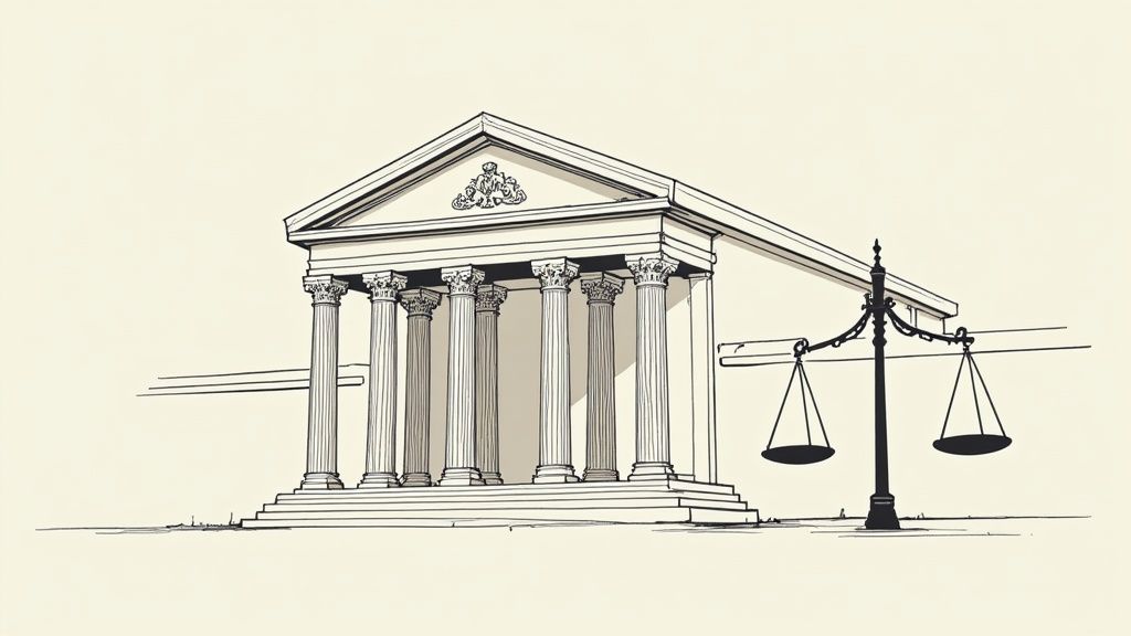 Illustration of a courthouse with columns and a scale of justice, symbolizing the legal process and the complexities of felony DWI cases in Texas.