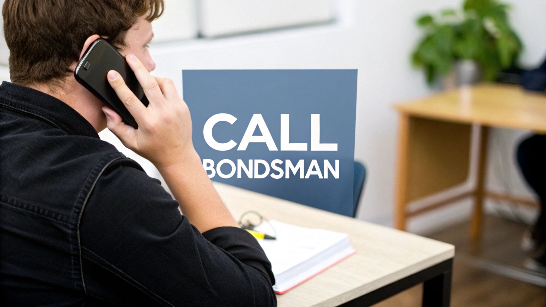 Person on phone, emphasizing the need to call a bondsman for bail assistance, with a focus on navigating the bail process in Houston.