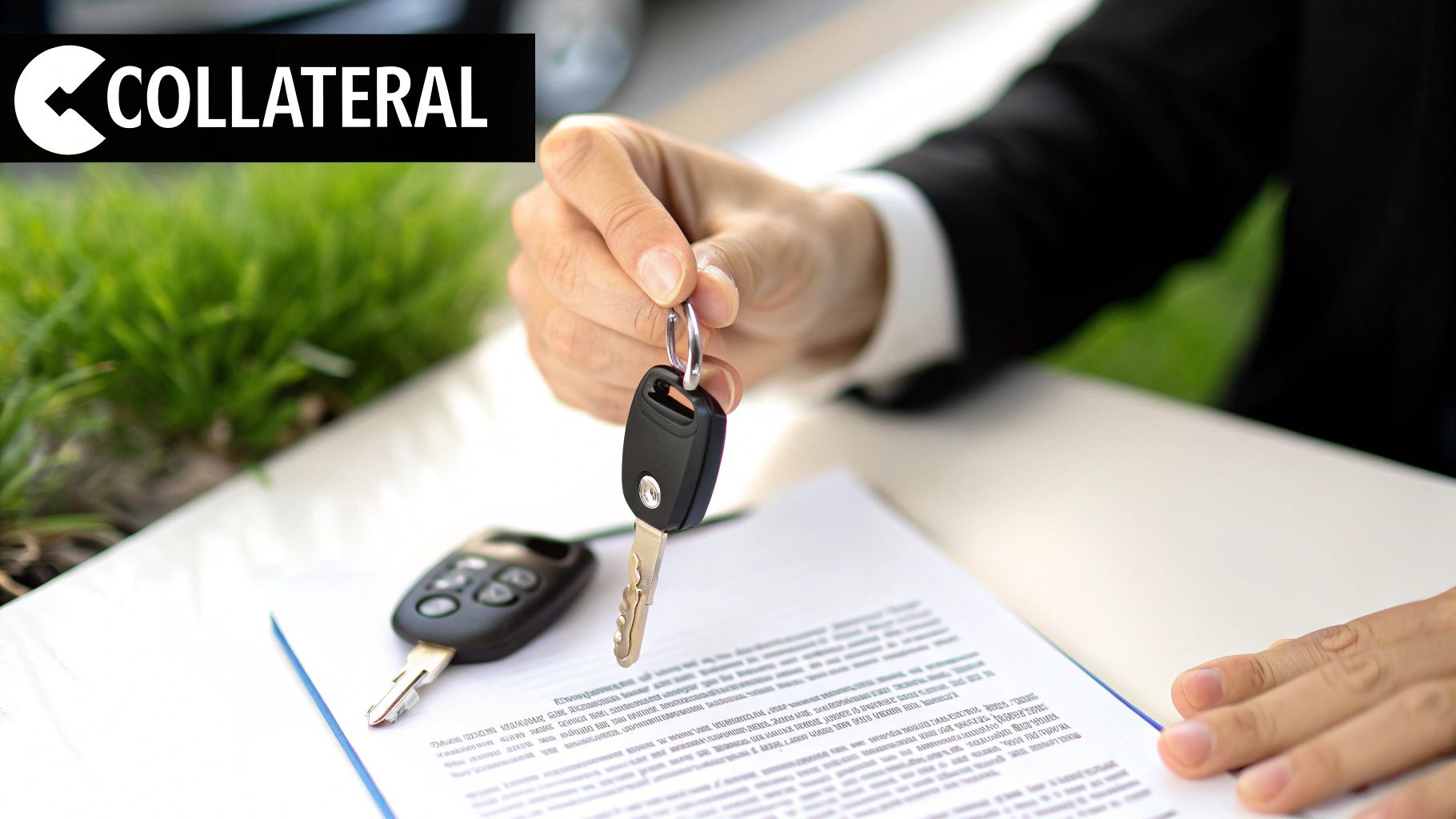 Hand holding car key above legal document with the word "COLLATERAL," symbolizing the use of collateral in bail agreements and legal processes related to securing release from jail.