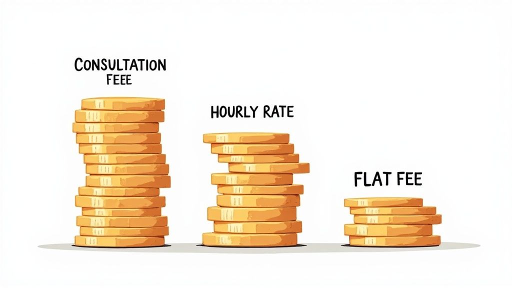 Stacks of coins labeled "Consultation Fee," "Hourly Rate," and "Flat Fee," illustrating different legal fee structures for hiring a criminal defense lawyer in Houston.