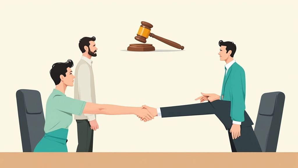 Illustration of a legal consultation, featuring a woman shaking hands with a man in a suit, with a gavel symbolizing legal proceedings in the background, representing the importance of hiring an attorney for criminal defense in Texas.