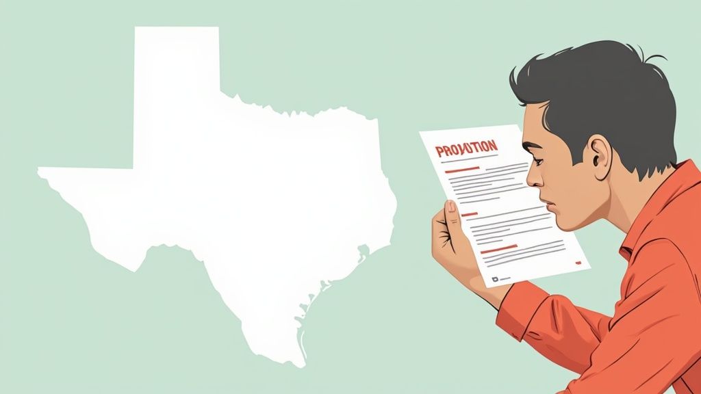 Man reading probation notice with Texas outline in background, illustrating legal concerns related to probation violations in Texas.