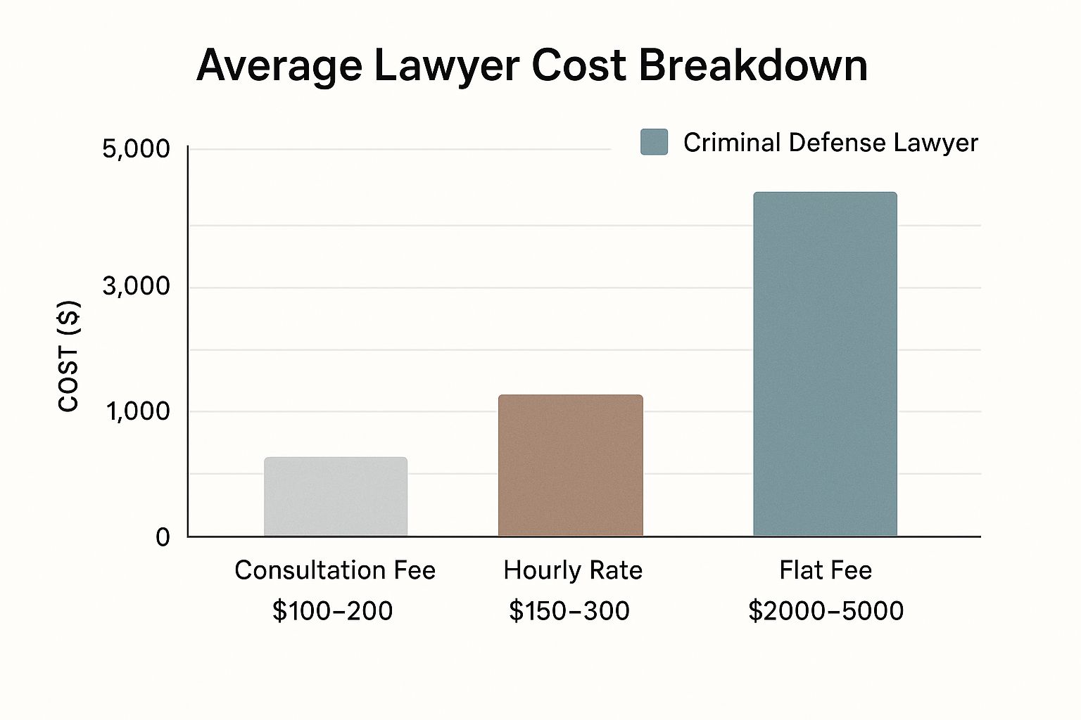 Average lawyer cost breakdown chart illustrating consultation fees, hourly rates, and flat fees for criminal defense lawyers in Houston, highlighting significant cost differences.