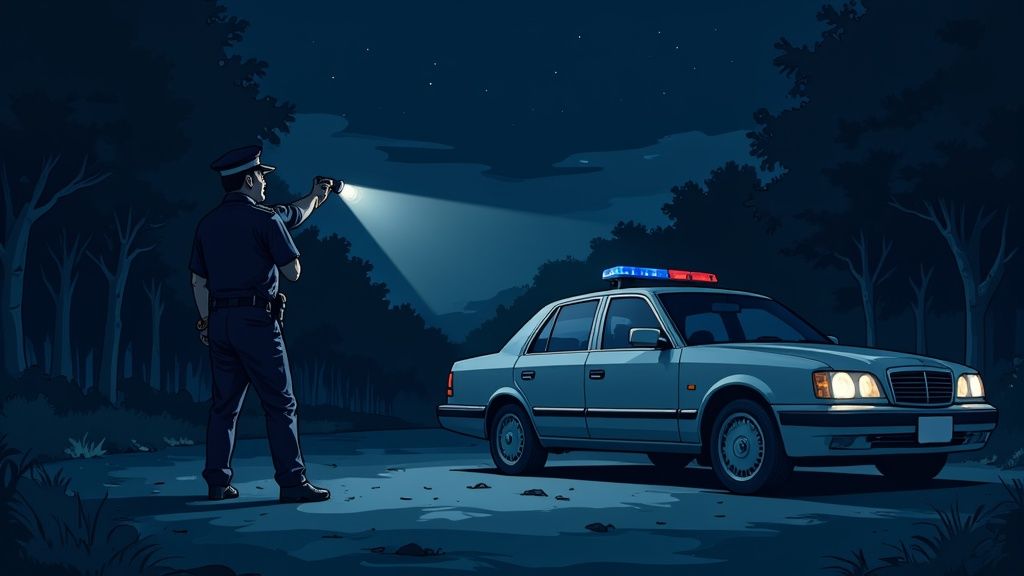 Police officer using a flashlight during a nighttime traffic stop near a vehicle with flashing lights, illustrating law enforcement procedures and rights during police encounters.