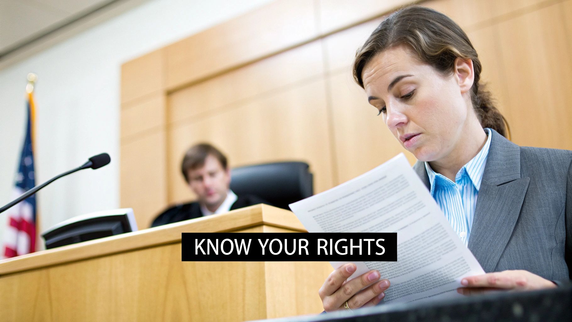 Woman reading legal documents in court with text overlay "Know Your Rights," emphasizing the importance of understanding legal rights during arraignment proceedings.