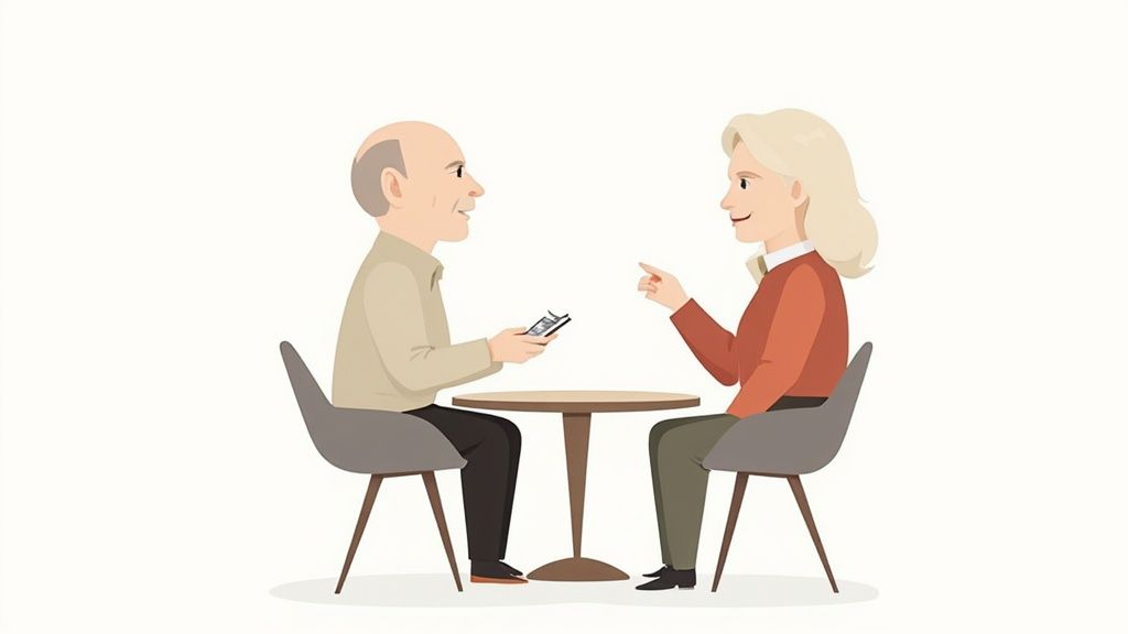 Illustration of a man and woman sitting at a table discussing legal matters, emphasizing the importance of strategic communication in criminal defense consultations.