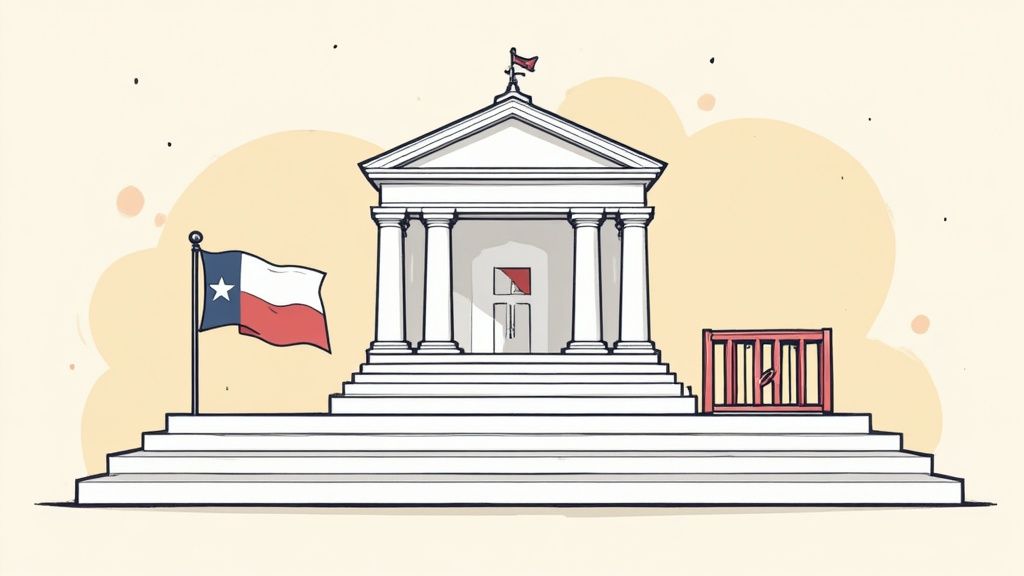 Illustration of a Texas courthouse with the Texas flag, symbolizing legal proceedings and the importance of understanding probation violations in Texas.
